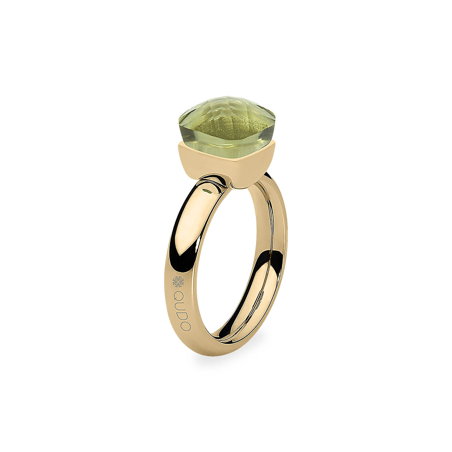 Pierścionek QUDO złoty z zielonym szklanym kryształem