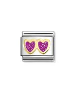 Nomination Composable Gold 18K Podwójne serce z brokatem w kolorze fuksji 030220/13